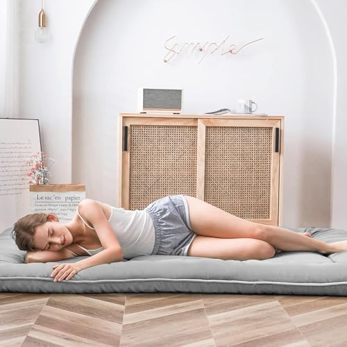 Image of MAXYOYO Japanese Floor Mattress, Thicken Futon Sleeping Pad Foldable Roll Up Mattress Boys Girls Dormitory Floor Lounger Cushion and Sofas, Grey, Twin Size