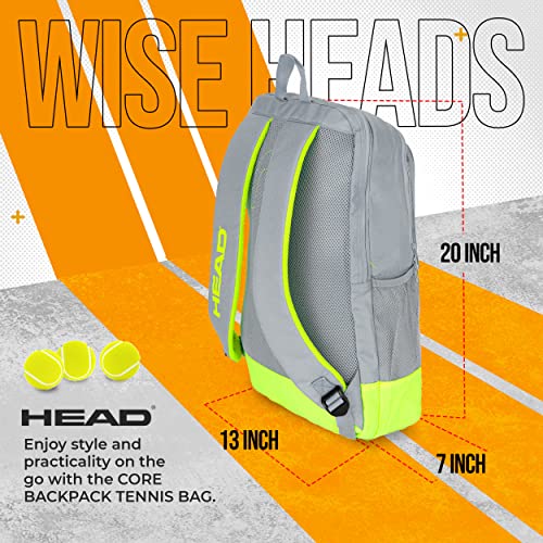 Head Core Tennis Backpack - 2 Racquet Carrying Bag W/Padded Shoulder Straps / Grey/Yellow / Large #TOP2