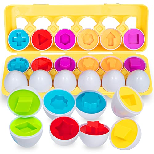 Image of ThinkMax Matching Eggs Toys for Toddlers 1 2 3 Year Olds, 12 Pack Easter Eggs Baby Color Shape Recognition Sorting & Stacking Learning Toys