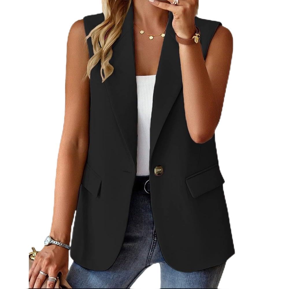 Chaleco sin mangas para mujer, color liso, con botones, con bolsillos, para el trabajo, yoga, ciclismo, playa, vacaciones, verano, chaqueta ligera