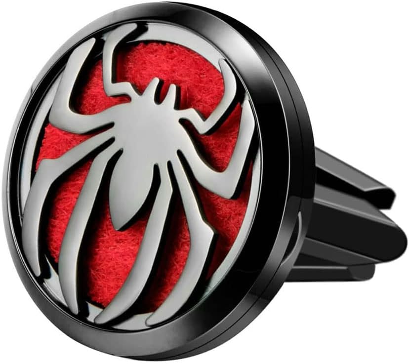 Wild Essentials - Difusor de ventilación de coche de aceite esencial de araña cromada negra, colgante de medallón de acero inoxidable con 8