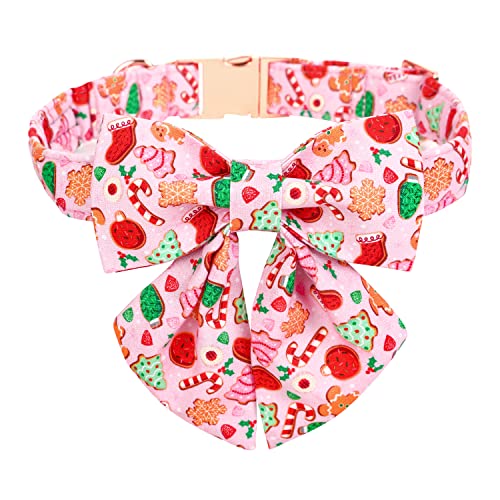 Maca Bates Christmas Pink Dog Collar with Sailor Bow Tie for Large Girl Boy Dogs,Cute Gingerbread,Tree Pattern, Breakaway Adjustable Durable Collars,Winter for Male Female Puppy