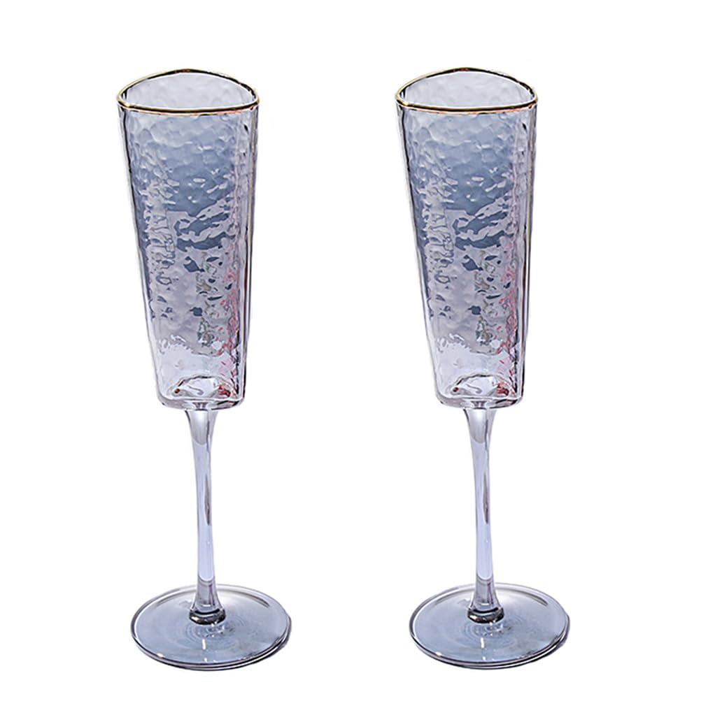 HIUHIU Wine Glasses Set of 2 with Gold Rim, Colored Champagne Flutes Glass Long Stemmed Cystal Drinking Cups Glassware with Hammer Patter for Wedding/Party,Grey,Champagne Flutes