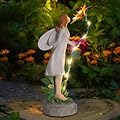 Ovewios Fairy Garden Statue Outdoor Decor, Solar Powered Garden Sculptures Fairy Resin Statues Waterproof Yellow Flower Solar LED Lights Yard Art Decorations for Outside Patio Lawn Decor