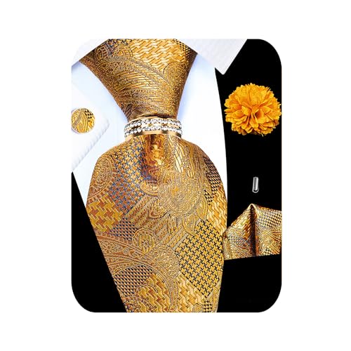Image of 5PCS Tie and Pocket Square for Men, Silk Necktie and Handkerchief Cufflinks with Gold Ring and Lapel Pin Set