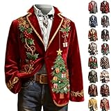 Cord-Weihnachtsanzugjacke für Herren, lustig, Weihnachtsmann, Rentier, kariert, Blazer, langärmelig, Knopfrevers, Weihnachtsmäntel, Business, Freizeit, Weihnachtsoutfits, Smoking, Oberbekleidung