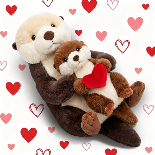 Sotiff Valentine's Day Sea Otter Stuffed Animal Plushies 12 Inch Mother and Small Otter with Hearts Eternal Love Loyalty Gift for Mother Day Birthday Couples Romantic Gift Home Decor