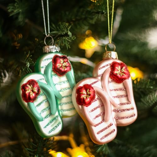 Amanman Lot de 2 tongs en verre soufflé à la main pour sapin de Noël - Peintes à la main avec poinsettias