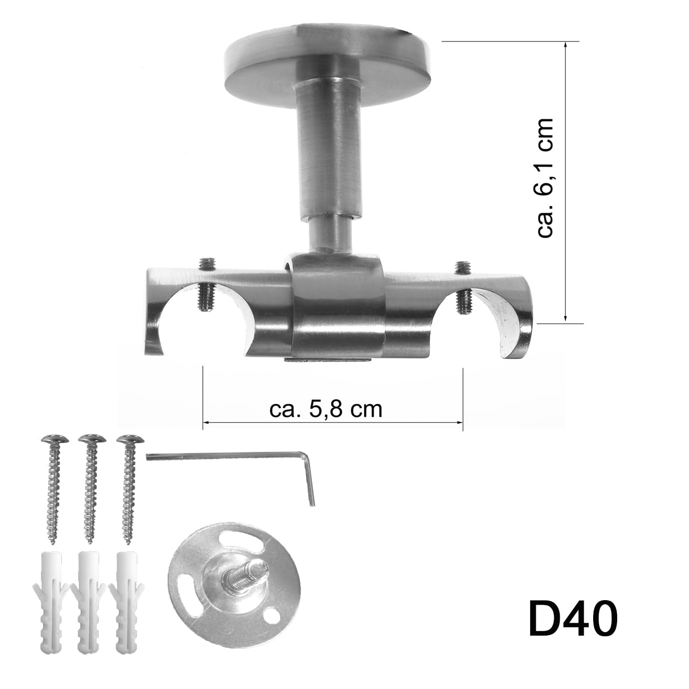 BASIT Gardinenstange Innenlauf Edelstahllook 20mm 2-läufig Decke 240cm D40 | Gardinenstangenset doppelläufig Deckenmontage Metall Vorhangstange Deckenhalterung 120-600cm wählbar Kappe E30