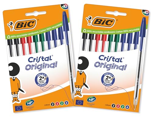 BIC Cristal Original, Penne a Sfera, Inchiostri Blu, Nero, Verde e Rosso, Punta Media (1.0 mm), Confezione 20 Penne...