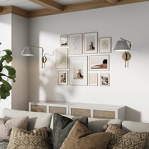 Image of Nathan James Kai Modern Wall Mounted Plugin Bedside Reading Lamp with Pleated Shade, Vintaged Brass Finish, Set of 2