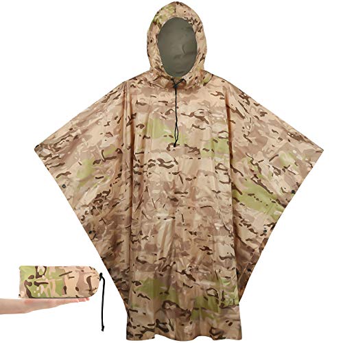 Fousam Camo Poncho, Waterproof Ripstop Hooded Raincoat Lightweight Packable Rain Cover for Hunting Camping Backpacking Emergency Tent Shelter Cp Desert