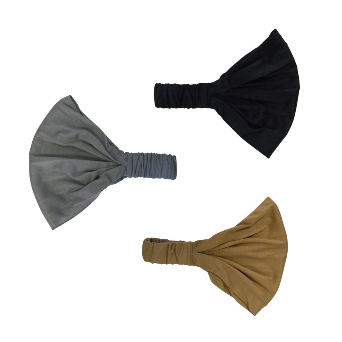 Set of 3 Wide Cotton Head Band Solid Boho Yoga Style Soft Hairbands Black Camel Light Grey