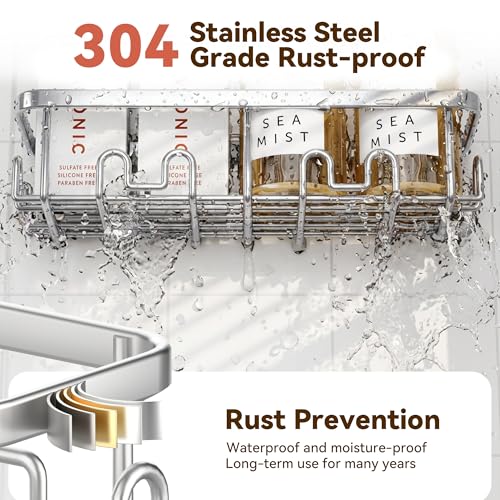 Image of YASONIC Shower Caddy Adhesive, 100% Rustproof Shower Organizer with Soap and Toothbrush Holder, Large Capacity Shower Shelves for Inside Shower, No Drill Shower Storage for Home (5 Pack Silver)