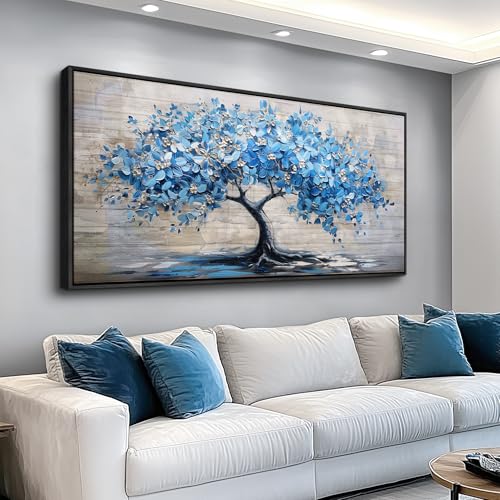 ERQINHUA Large Canvas Wall Decor For Living Room Farmhouse Wall Art For Bedroom Black Framed Mural Abstract Paintings Blue Tree Wall Pictures Artwork Office Decoration Dormitory Home Decor 30x60 In