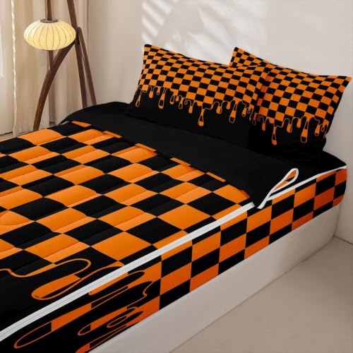 Image of Orange and Black Checkered Zipper Bedding Set Twin Zip Up Bedding Checkerboard Drip Gingham Plaid Comforter Set with Sheets for Child Girls Boys,Modern Geometric Grid Bed in a Bag Halloween Bed Sets