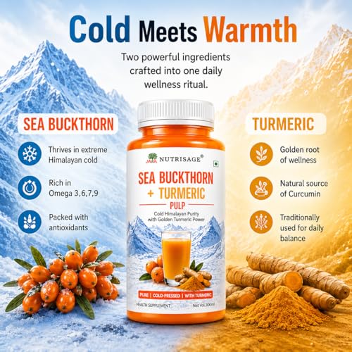 Image of Sea Buckthorn + Turmeric Pulp | Cold Pressed Himalayan Wellness Drink | Rich in Omega 3,6,7,9, Curcumin & Vitamin C | No Added Sugar | Antioxidant Rich | 300ml