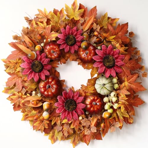 28'' Large Fall Wreath for Front Door, Porch, Window- Artificial Maple Leaves Fake Pumpkins Faux Acorns Sunflower Outdoor Autumn Wreath for Home, Farmhouse Wall Thanksgiving Day Harvest Festival Decor