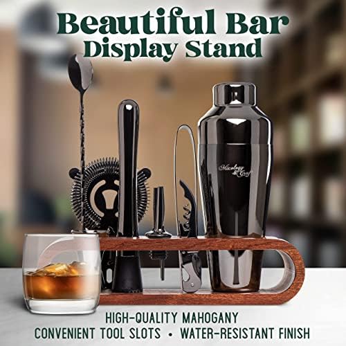 Mixology Cocktail Shaker Set - 10-Piece Cocktail Making Set - Home Bartender Kit in Mahogany Stand with Spoon, Boston Shaker, Other Tools for Drink Mixing, Martini, Mocktail - Gift Set (Black)