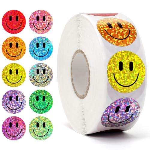 Wercokt 1000PCS Smiling Glitter Stickers 1inch 10 Colored Sparkly Foil Happy Stickers Rewarding Student Behaviour School Classroom Teacher