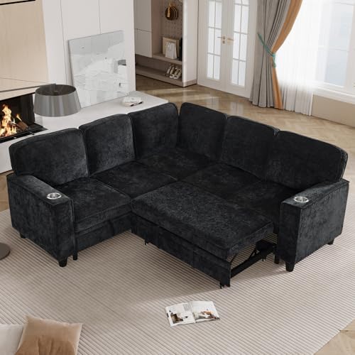 Image of KEIKI 81 inch L-Shaped Oversized Chenille Modular Sectional Sleeper Sofa with Pull-Out Bed, Storage Seat, Modern 5-Seater Upholstered Couch Bed with Charging Station, Easy Assembly, for Living Room, Black