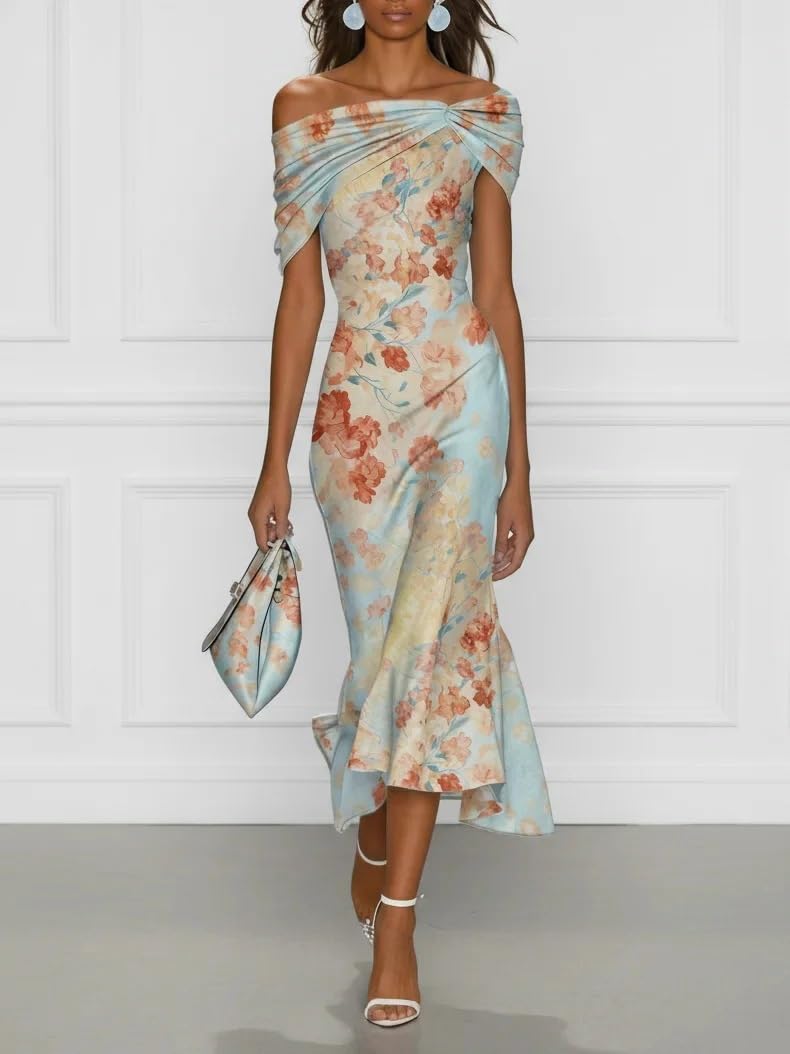 Robe longue d'été pour femme - Corset floral froncé - Épaules dénudées - Ourlet à volants - Robe d'été pour vacances