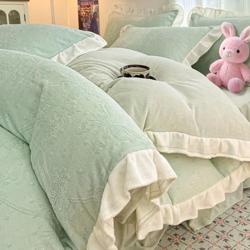 Mesnt Juego de sábanas y funda de edredón para cama individual, textura de flores y mariposas con ribete de volantes, con sábana y 1 funda de almohada, poliéster, color verde claro, estilo 9, 1,2 m