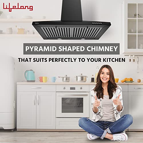 Image of Lifelong Kitchen Chimney with Durable Baffle Filters | 1000 m3 /hr Suction | Push Button Control | Dual LED Light | Stainless Steel Baffle Filters | Pyramid Shape Chimney for Kitchen (60cm, Black)