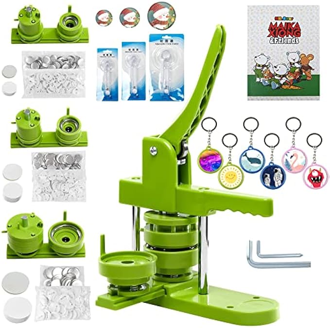 Button Maker Machine Multiple Sizes, Histely Pin Button Press Machine 1+1.25+2.25 inch, Pin Badge Maker with 300 Sets Button Making Supplies and 6 Sets Keychains & Circle Cutter (Green, 25/32/58mm)