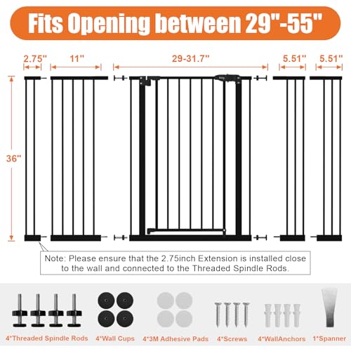 Image of keny 36 inch Extra Tall Baby Gate for Stairs, 29 inch-55 inch Wide Auto Close Dog Gate | for Doorways, Pressure Mounted Easy Walk Through Pet Gate with Door, Black
