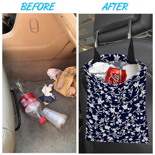 Image of Car Trash Bag Trendy Floral Car Garbage Bag Hanging Car Trash Can for Back Seat with Drawstring