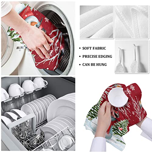 Zoe Garden Snowman Kitchen Towels, Absorbent Microfiber Kitchen Dish Hand Tea Bath Towel, Quick Dry Cleaning Cloth Dishclothes Decorative Sets, Christmas Snowy Tree Branch Rustic Red (4-Pc, 18X28) #TOP4