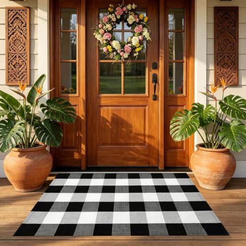 Thanksgiving Plaid Front Door Mat Outside Entrance Outdoor Doormats,Black - image 5