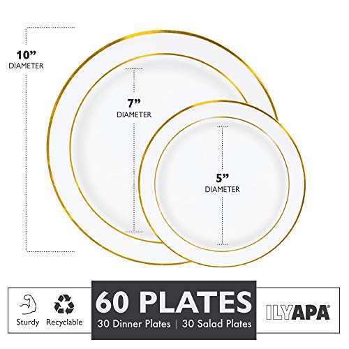 60 Gold Rim Plastic Plates Set Bulk White Gold Rimmed Dinner & Salad