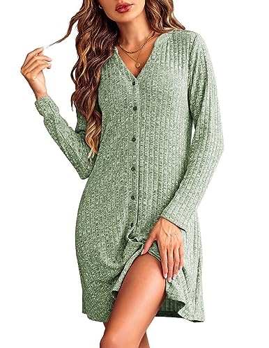 Ekouaer Nightgowns for Women Button Down Night Shirt Long Sleeve Ribbed Knit V-Neck Sleepwear Pajama Dress