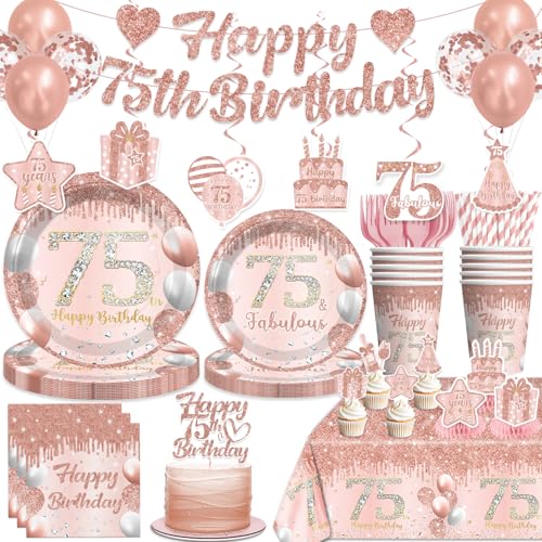 Yingoto 201 PCS Happy 75th Birthday Decorations Tableware Set Rose Gold, With Banner, Cake Topper, Plates and Napkins, 75th Birthday Decorations for Women, Serves 25 Guests