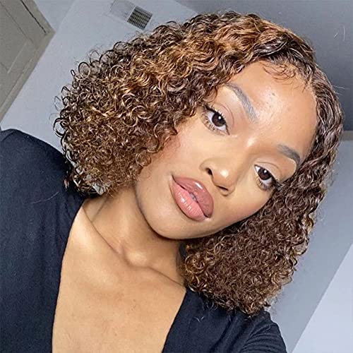 Glueless Highlight Bob Wigs Vipbeauty Ombre Honey Blonde 13×6×1 T Part Lace Front Human Hair Wigs Curly 4/27 Brown Highlight Bob Wigs Pre Plucked With Baby Hair (12 Inch)