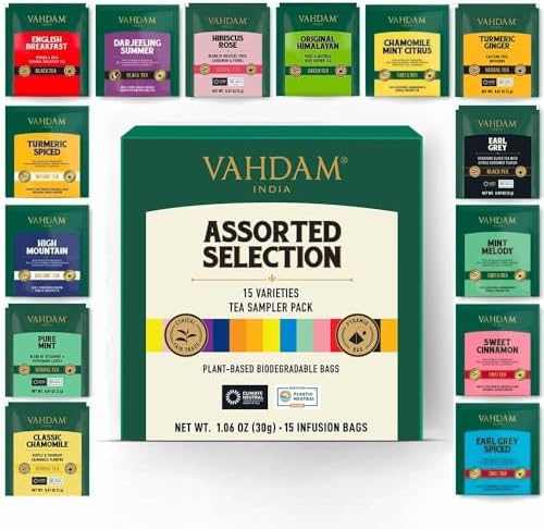 VAHDAM Assorted Tea Sampler | 15 Varieties | Whole Leaf Pyramid Bags | Black, Darjeeling, Green, Oolong, Chai & Herbal | Perfect for Lovers & Enthusiasts | For Women & Men