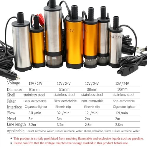 Bomba Sumergible Eléctrica DC para Bombeo de Diesel, Agua y Combustible, Bomba de Succión de Aceite, 12/32 l/min, 38/51MM, 12/24 V miniatura 7