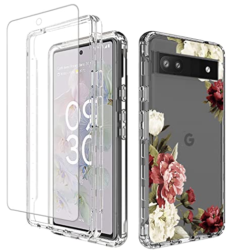 Coque Pixel 6A anti-rayures transparente avec vitre en verre trempé série GX7AS fleur