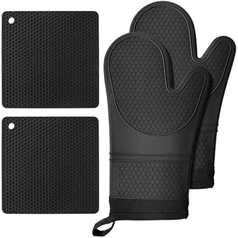 Lazebox Extra Long Silicone Oven Mitts with Pot Holders with Soft Cotton Lining Non-Slip Textured Grip, Heat and Slip Resistant Oven Mitts with Pot Holders for Baking, Cooking, Black Cover