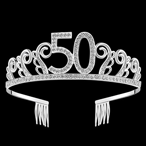 BABEYOND Crystal Birthday Tiara Rhinestone Princess Crown Happy Birthday Crowns Silver Diamante Happy 50th Birthday Tiara Crown (Silver-50th)