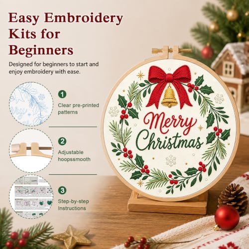 Image of Louise Maelys Merry Christmas Wreath Embroidery Kit for Beginners Adults