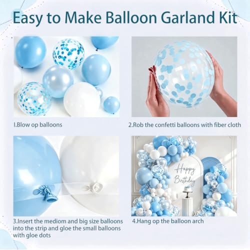 Image of Blocesa Pearl Blue and White Balloons Arch Kit Double Stuffed, Party Decor. | Baby /Light Pearl Blue White Confetti Blue Balloons Latex for Boy Baby Showers Gender Reveals Weddings Birthdays Decoration.