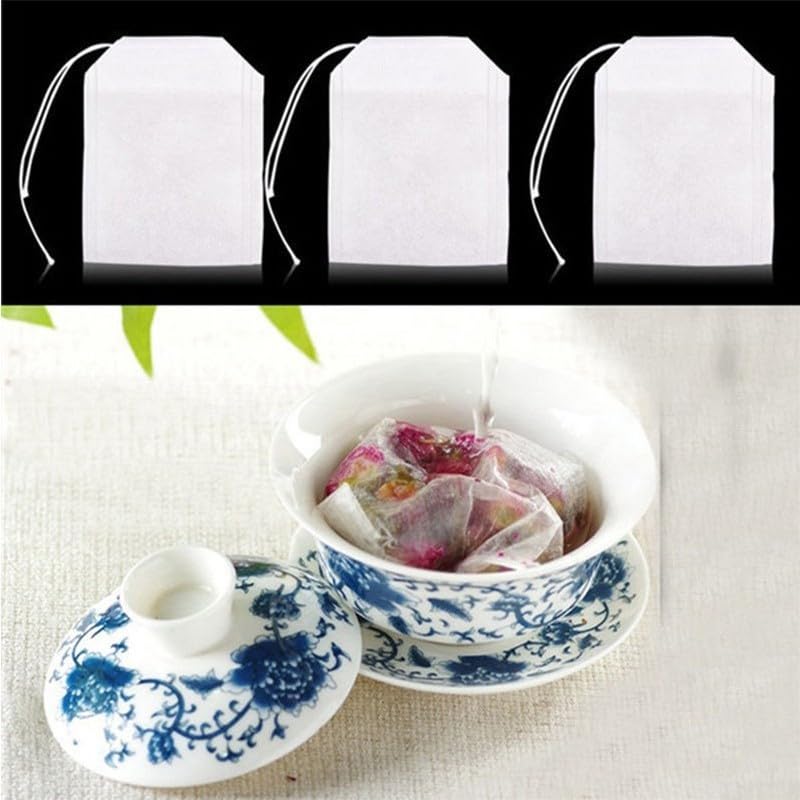 100 bolsas de té reutilizables con cordón de 5,5 x 7 cm para almacenamiento de hojas, hierbas, especias y jabón, bolsas de filtro vacías de tela no tejida blanca