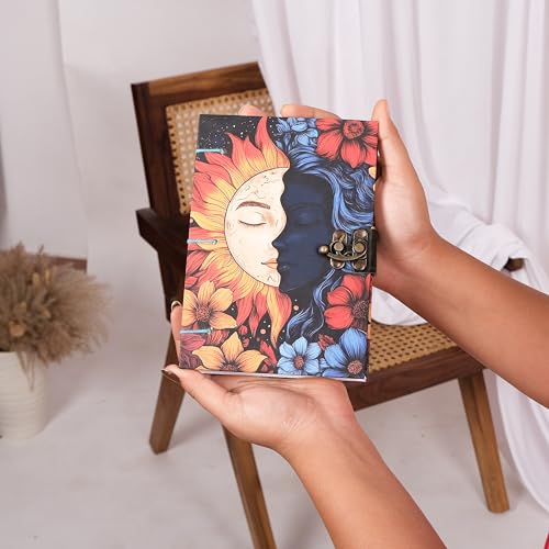 Image of CRAFT JUNKY Journal Diary with Handcrafted Box, 5 x 7 Inch Special Binding Unruled Lock Diary for Girls, Art Book with Aesthetic Print Sketch Book for Artists, 200 Acid-Free Pages A5 (SUN MOON)