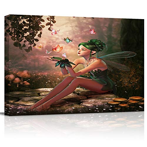 T&H Xhome Bathroom Wall Art Decor Canvas Oil Painting,Fairy Girl With Wings Magical Fantasy Garden Flying Butterflie Modern Artwork Picture Prints Frame For Nursery Office Living Room Bedroom 16X20 #TOP16