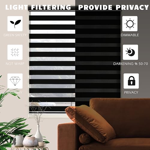 Image of Custom Size Blackout Zebra Blinds, Dual Layer Free-Stop, Room Darkening Zebra Shades, Blinds for Indoor Windows, Light Filtering Privacy Sheer Shade for Home(20 inch W X 72 inch H, Black)