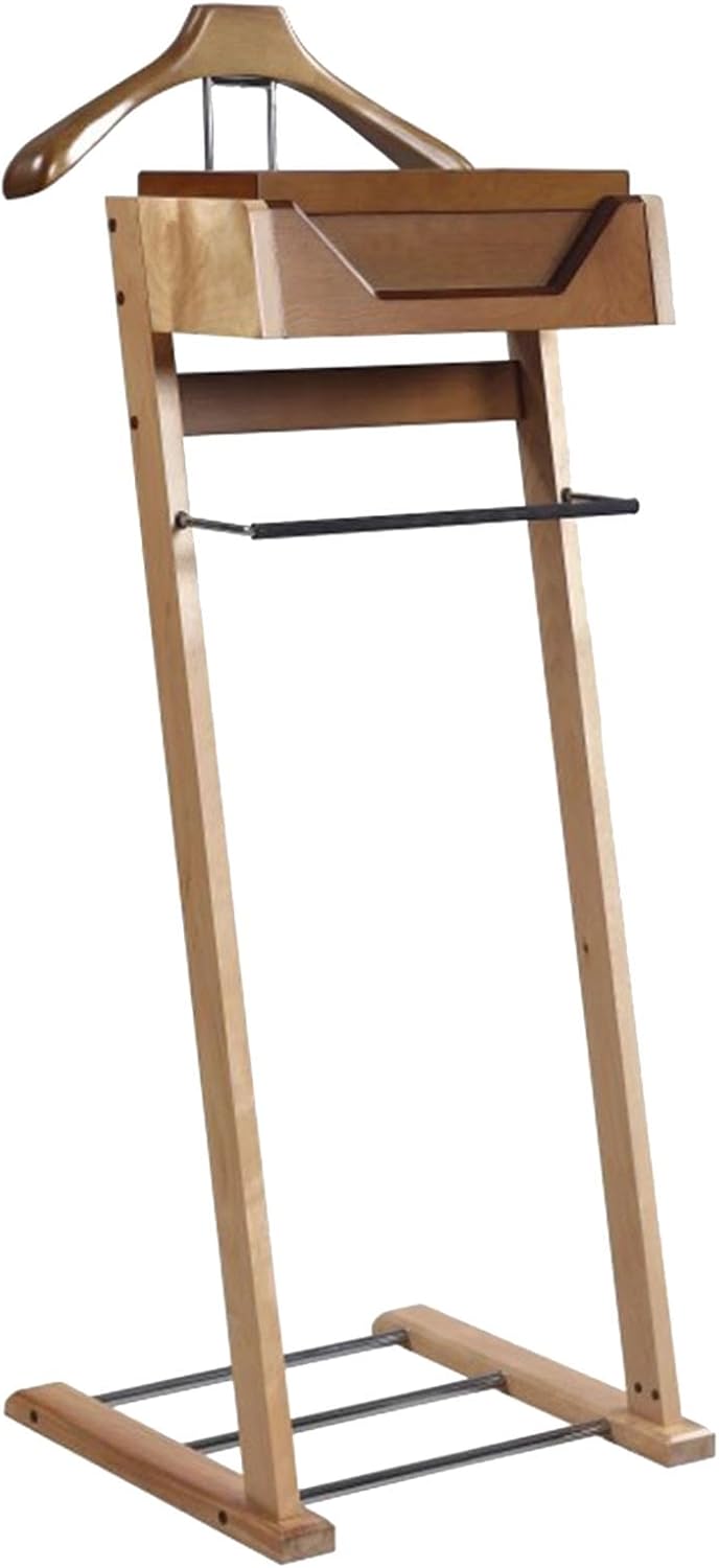 Valet Stand for Men Free Standing Wooden Coat Hanger with Shoe Rack and Storage Tray Suit Clothes Organizer Bedroom