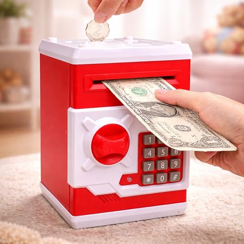 Image of Toyshine Electronic Kids Money Bank ATM Safe Piggy Bank Savings Box Toy with Money Suction Feature- Red White